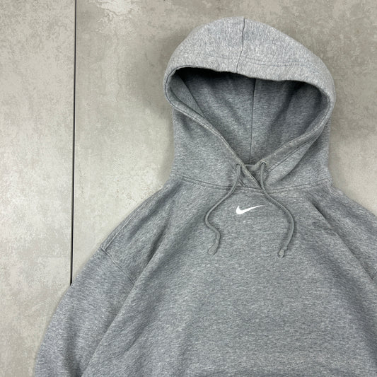 Vintage 00s Nike Centre Swoosh Boxy Embroidered Grey Hoodie Sweatshirt - S