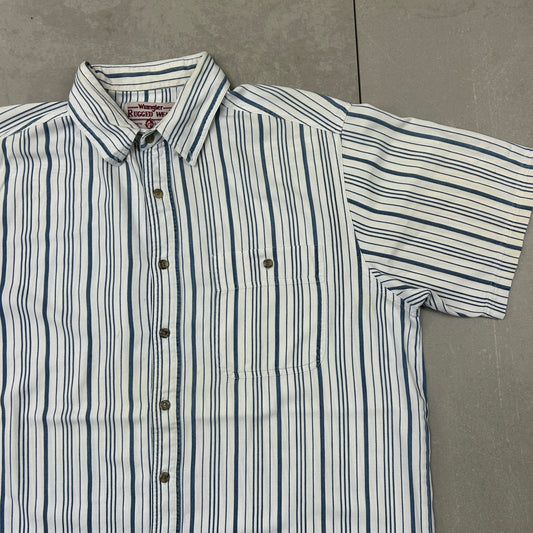 Vintage Wrangler Blue White Stripe Short Sleeve Shirt - XL