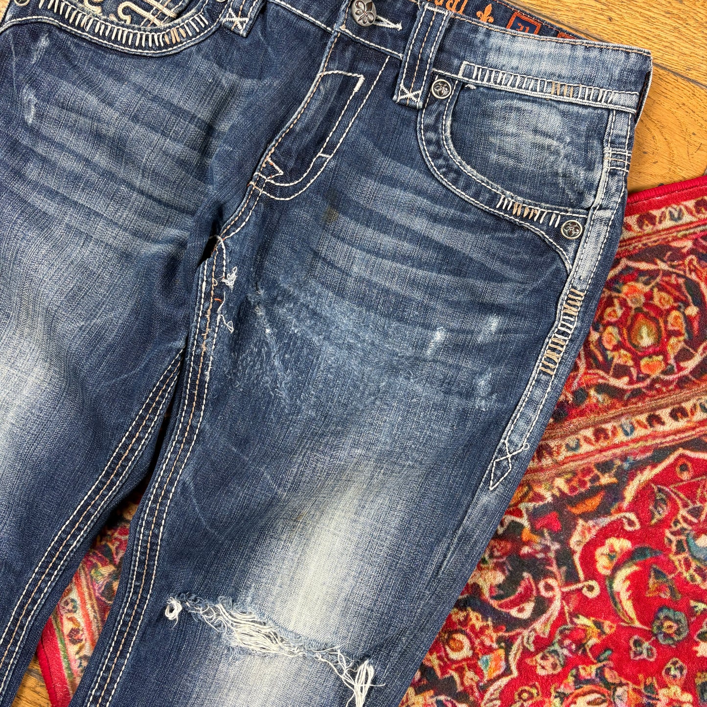 Vintage Rock Revival Blue Embroidered Y2K Hip Hop Straight Jeans - 36