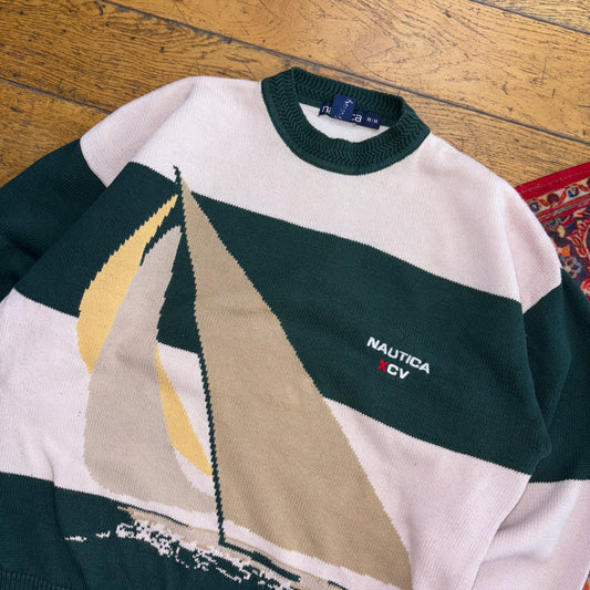 Vintage Nautica Green Pink Stripe Sailing Embroidered Knit Jumper - L