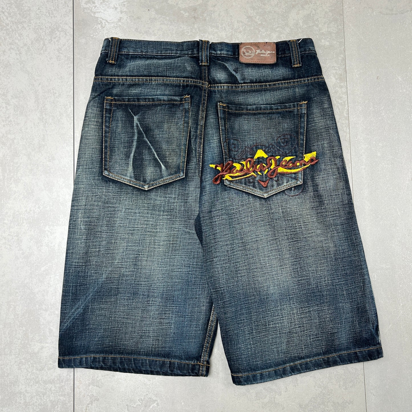 Vintage Kaalu Jeans Embroidered Hip Hop Baggy Blue Shorts Jorts - 38