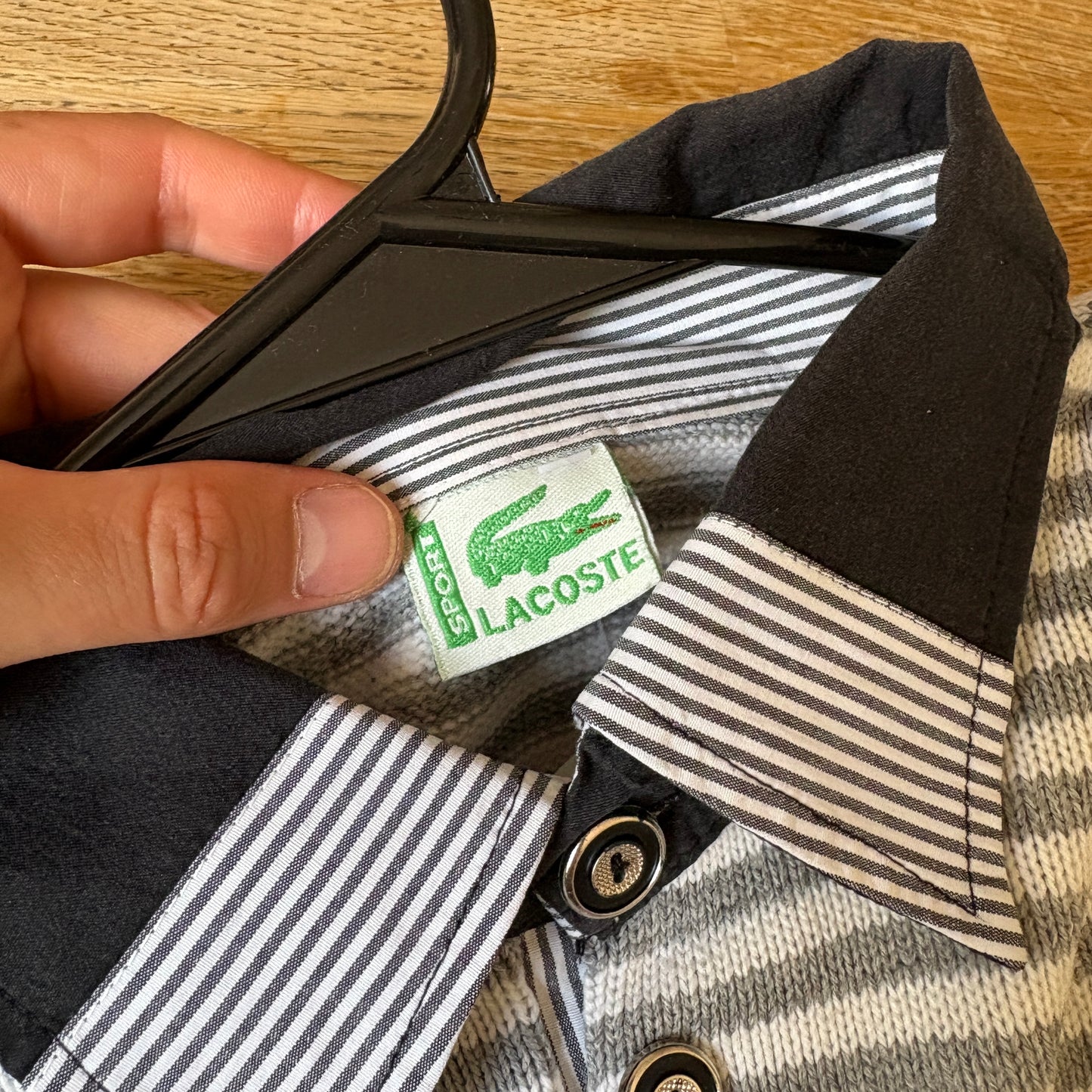 Vintage Lacoste Grey White Stripe Knit Polo Rugby Shirt - M