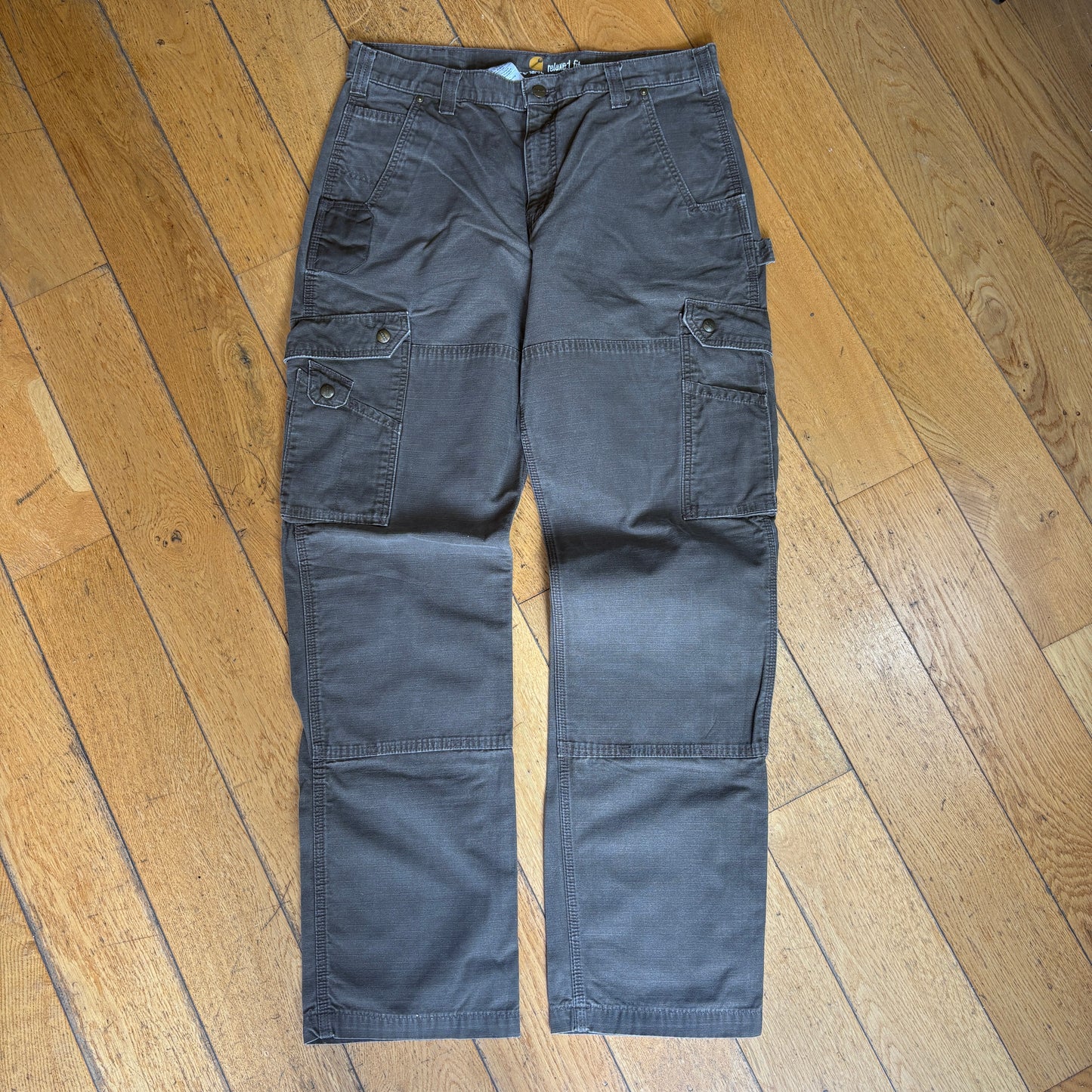 Vintage Carhartt Brown Grey Double Knee Workwear Carpenter Baggy Trousers - 36
