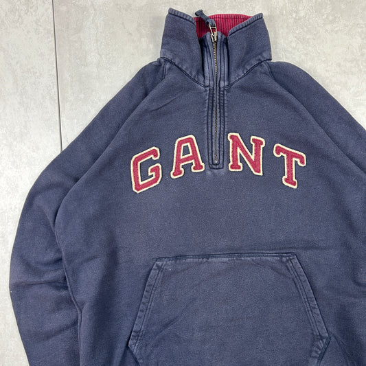 Vintage Gant Spellout Quarter Zip Navy Embroidered Sweatshirt - XXL