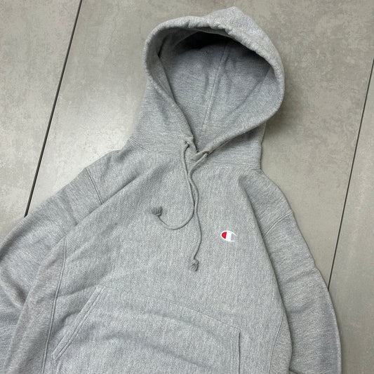 Vintage Champion Grey Embroidered Hoodie Sweatshirt - S