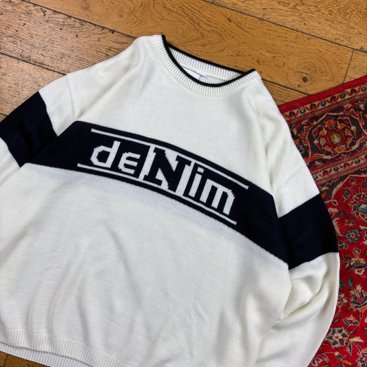 Vintage Denim White Black Chunky Knit Jumper - XL