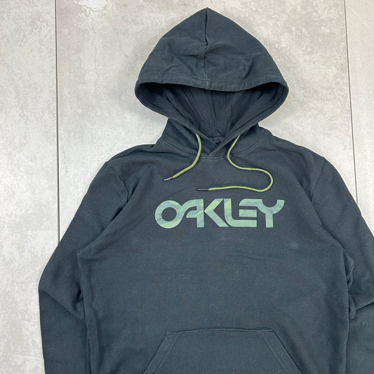 Vintage 00s Oakley Spellout Black Camo Embroidered Hoodie Sweatshirt - S