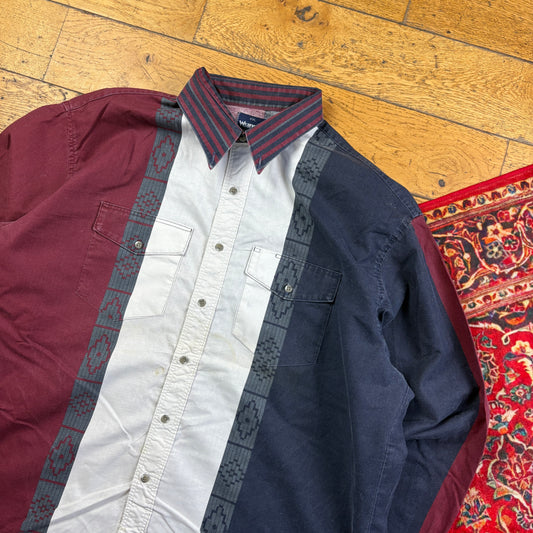 Vintage Wrangler Western Funky Pattern White Navy Burgundy Shirt - 2XL
