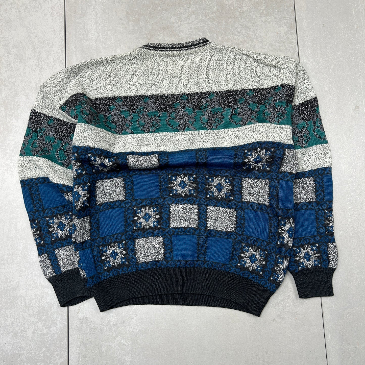 Vintage Italian Grey Blue Pattern Wool Chunky Knit Jumper - L