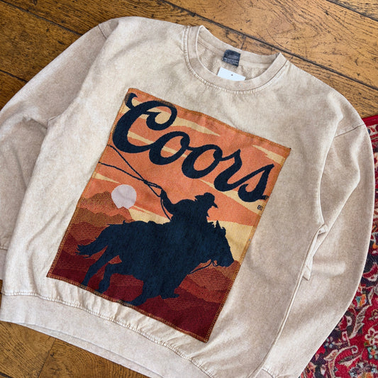 Vintage Coors Beer Cream Cowboy Western Embroidered Sweatshirt - S