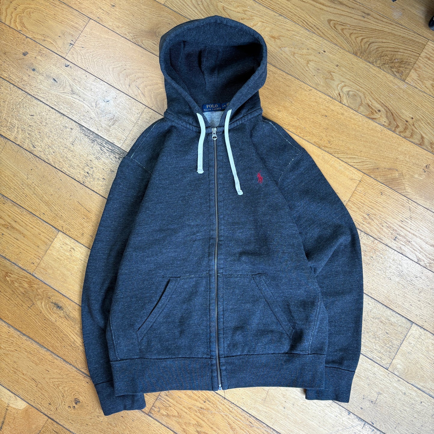Vintage Ralph Lauren Grey Zip Hoodie Embroidered Sweatshirt - L