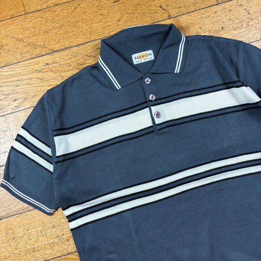 Vintage Grey Stripe Polo T-Shirt - L