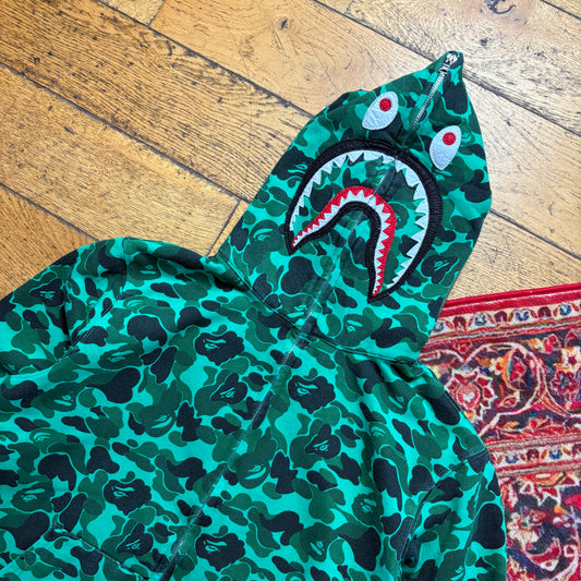 Vintage Bape Bathing Ape Green Camo Shark Hoodie Embroidered Sweatshirt - S