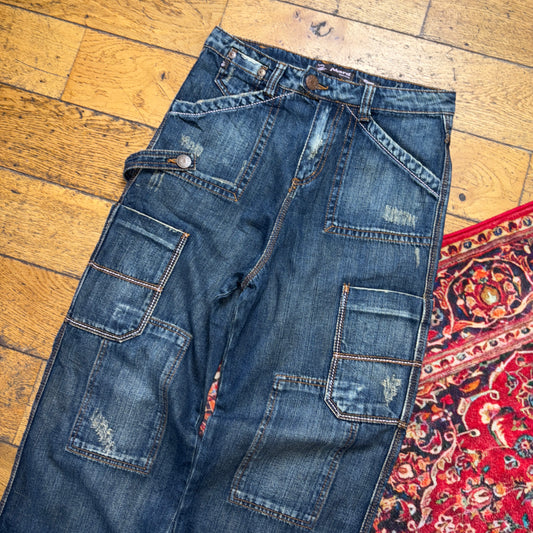 Vintage Dark Blue Cargo Embroidered Y2K Hip Hop Baggy Jeans - 30R