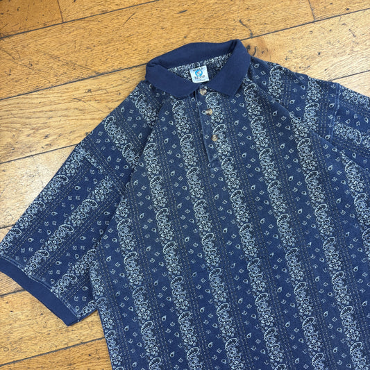 Vintage 90s Pattern Navy Polo T-Shirt - L