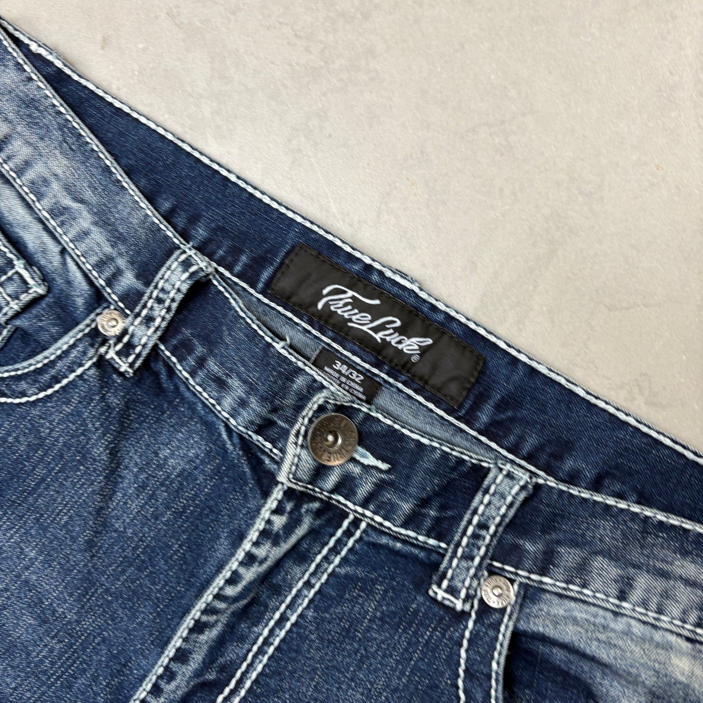 Vintage True Luck Embroidered Hip Hop Straight Blue Jeans - 34