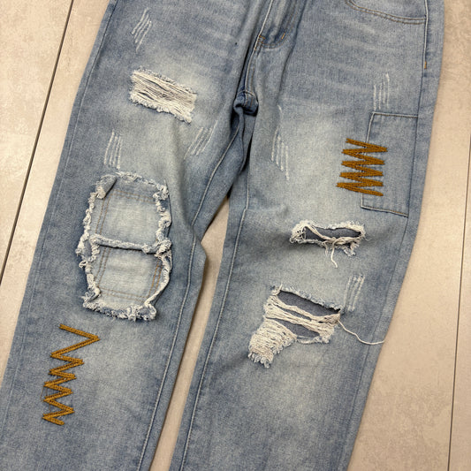 Vintage Embroidered Hip Hop Straight Blue Jeans - 34