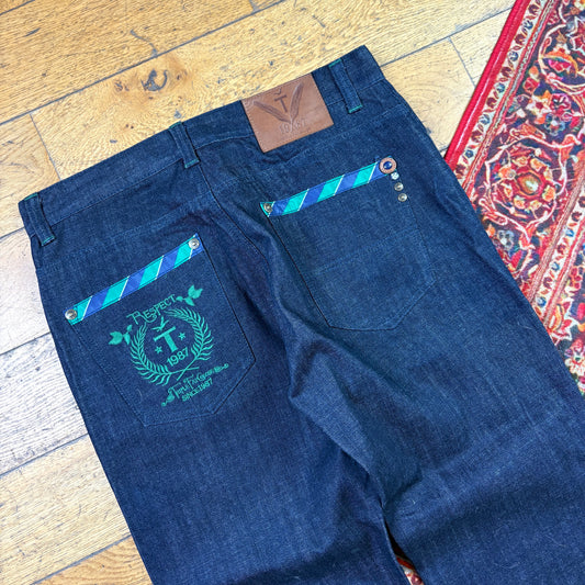 Vintage Raw Denim Blue Embroidered Y2K Hip Hop Baggy Jeans - 36