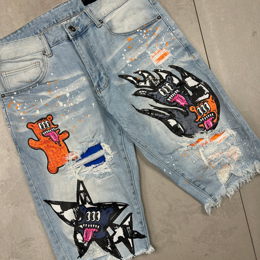 Vintage Graffiti Hip Hop Straight Light Blue Shorts Jorts - 34