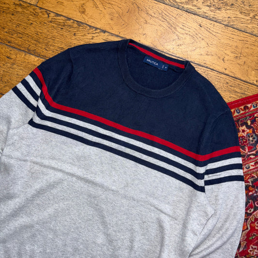 Vintage Nautica Grey Navy Embroidered Knit Jumper - M