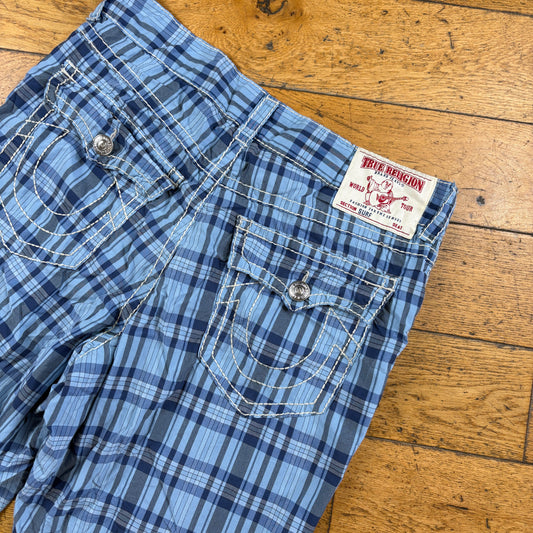 Vintage True Religion Blue Check Embroidered Y2K Swimming Shorts Jorts - 38