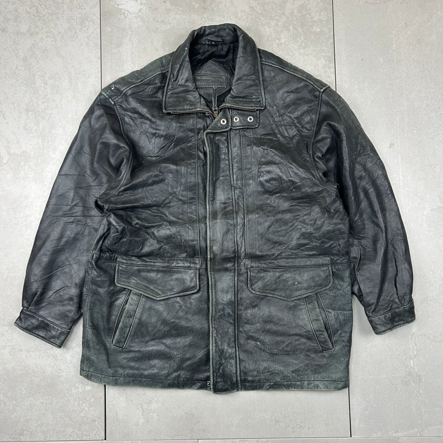 Vintage Trench Style Brown Genuine Leather Bomber Jacket - XL