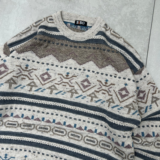 Vintage Italian Chunky Pattern Knit Grey Brown Jumper - L