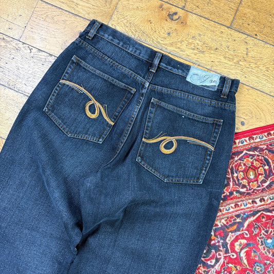 Vintage Blue Embroidered Y2K Hip Hop Baggy Jeans - 34