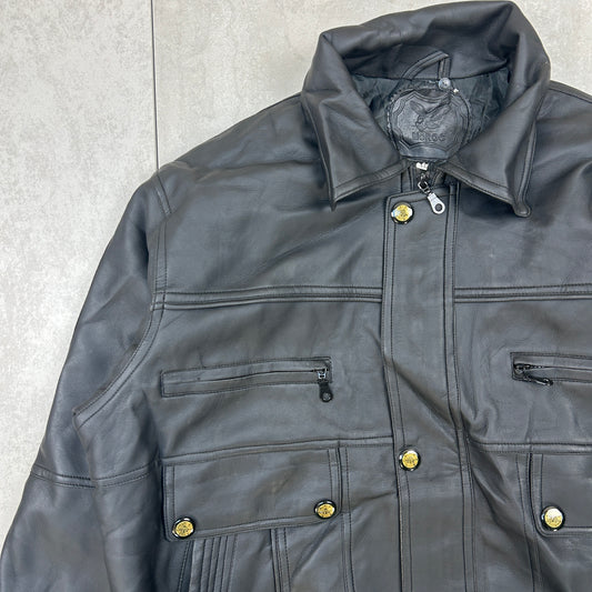 Vintage Aviator Pilot Flight Style Black Faux Leather Bomber Jacket - XL