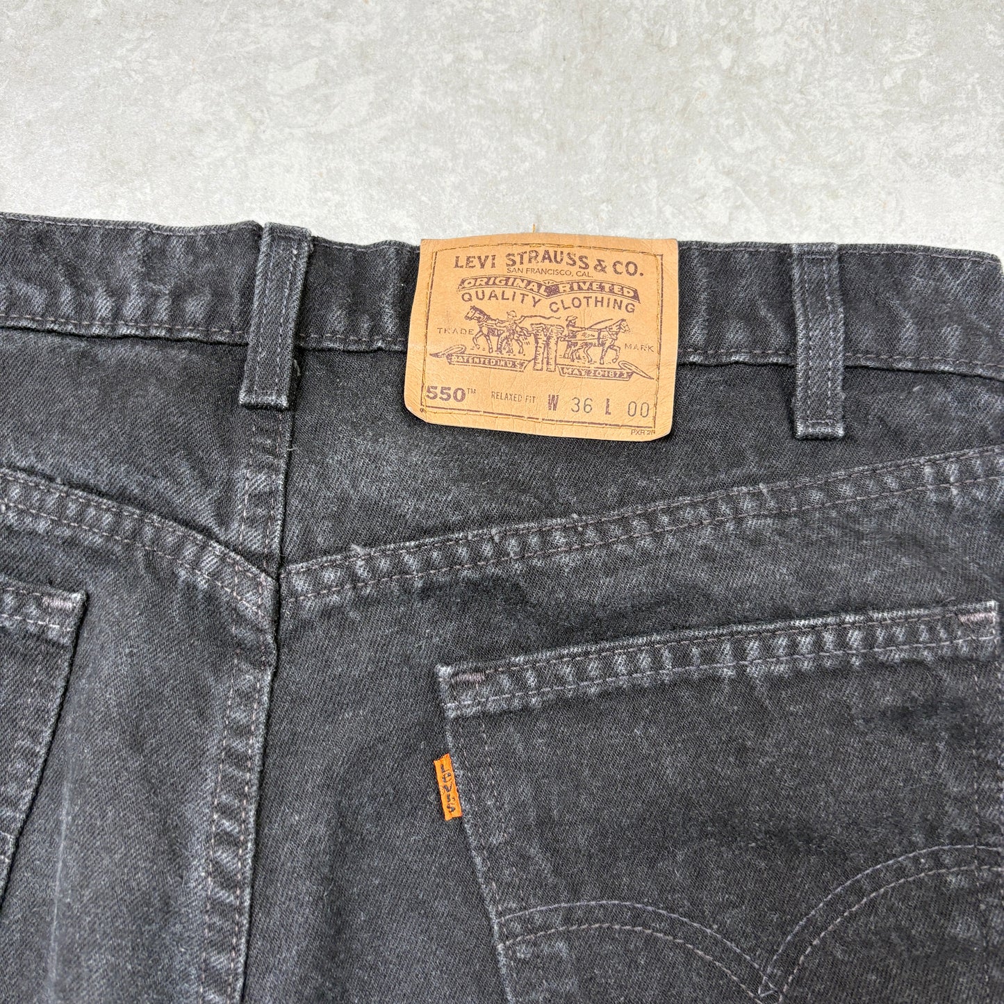 Vintage Levis 550 Orange Tab Black Baggy Denim Shorts - 36