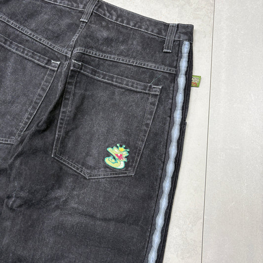 Vintage Rare 90s JNCO Sidewinder Black Embroidered Baggy Jeans - 36