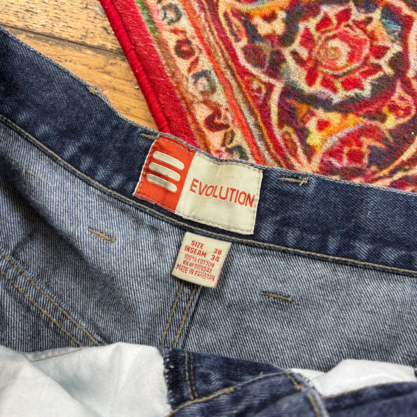 Vintage Evolution Blue Carpenter Embroidered Y2K Hip Hop Baggy Jeans - 38