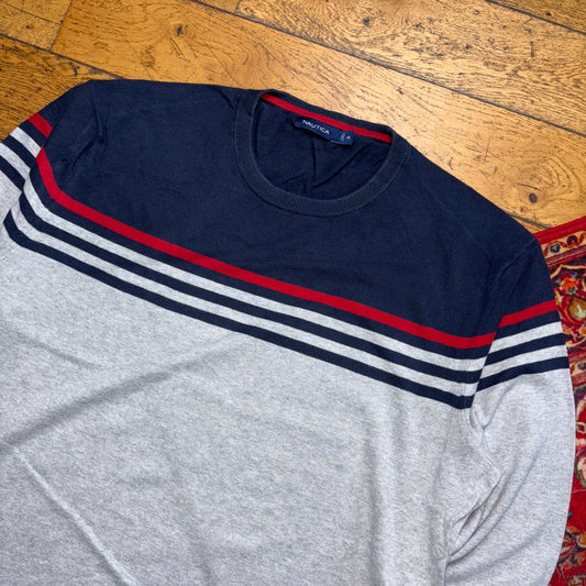 Vintage Nautica Grey Navy Stripe Embroidered Knit Jumper - 2XL