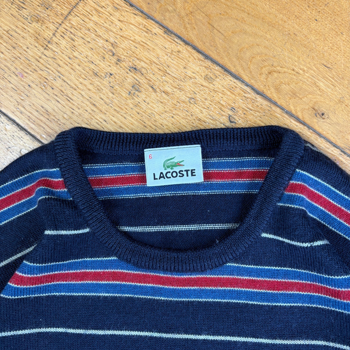 Vintage Lacoste Stripe Navy Red Wool Knit Jumper - L