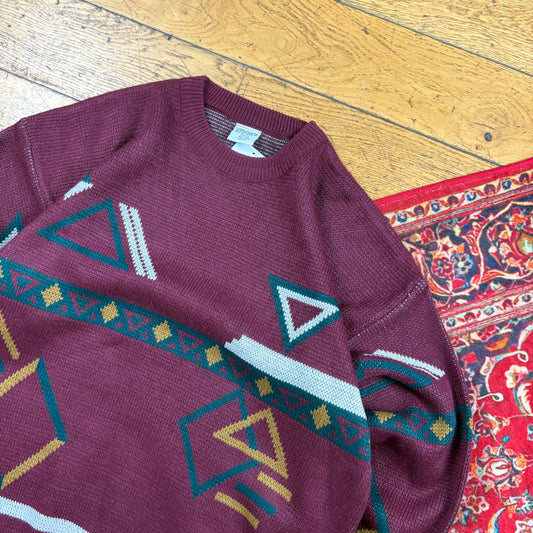 Vintage Burgundy Pattern Italian Knit Jumper - L