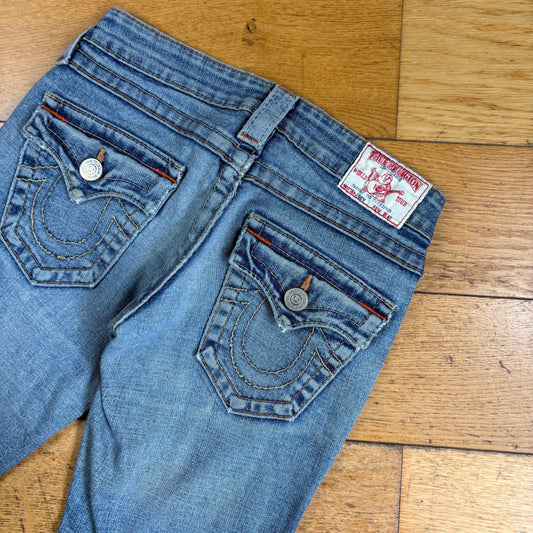 Vintage True Religion Womens Blue Skinny Embroidered Y2K Shorts Jorts - Size 6