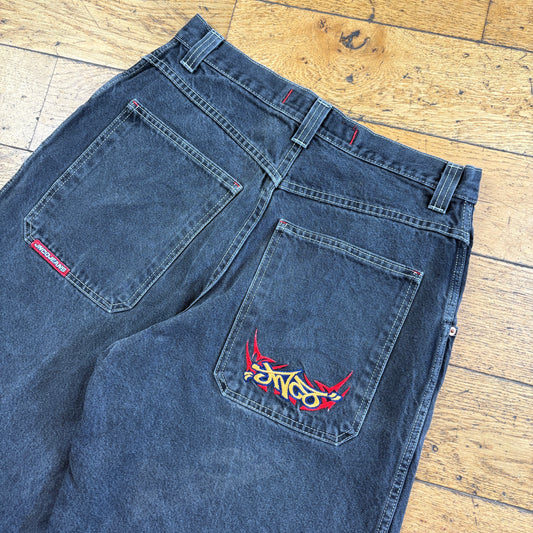 Vintage 90s JNCO Black Skate Embroidered Hip Hop Baggy Shorts Jorts - 32