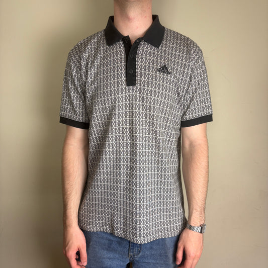 Vintage 90s Adidas Black White Patterned Polo Shirt - M