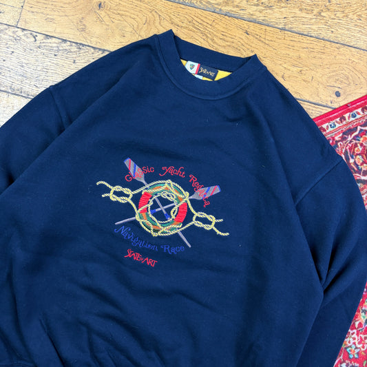Vintage 90s Navy Sailing Yacht Embroidered Sweatshirt - L