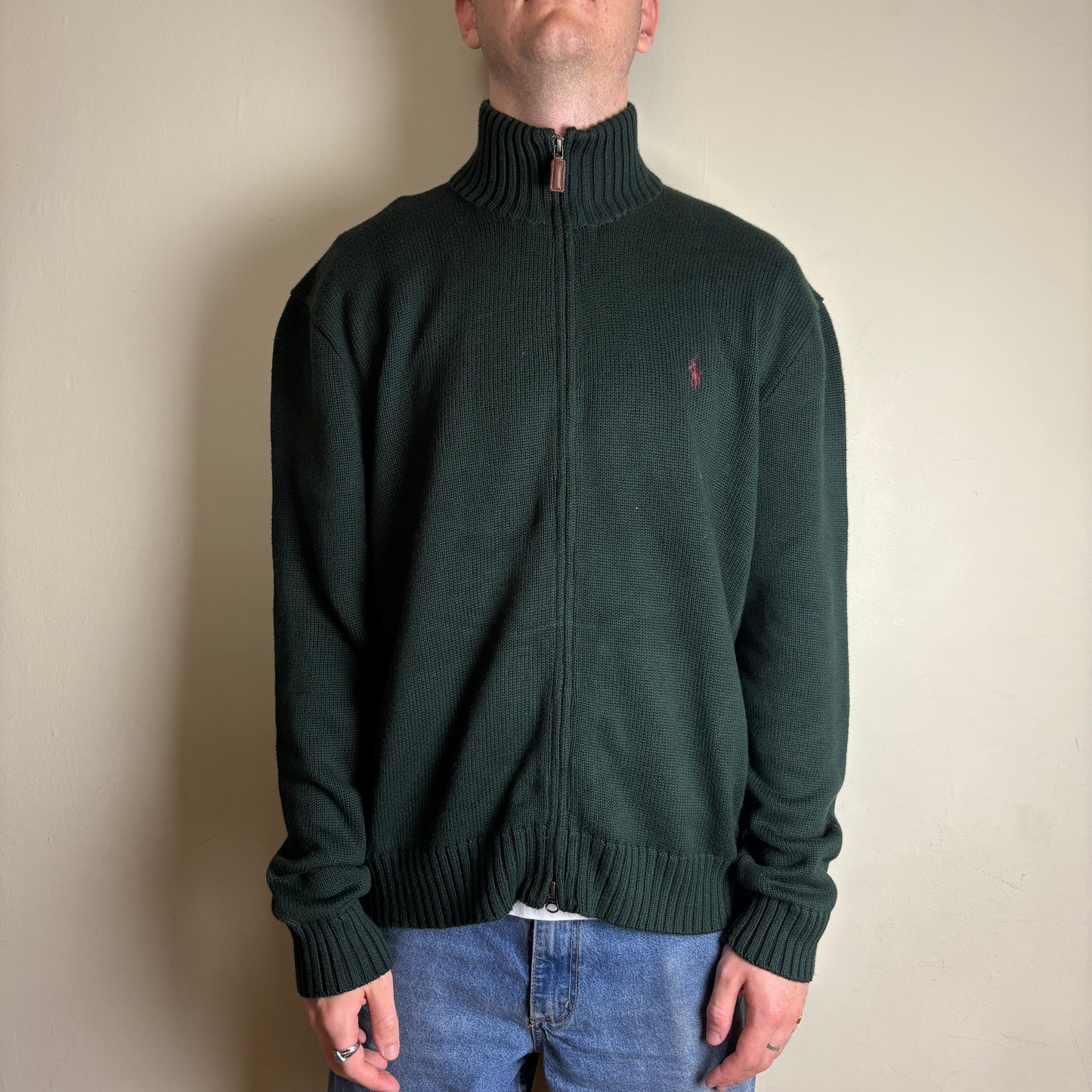 Vintage Ralph Lauren Green Knit Quarter Zip Jumper Embroidered Sweatshirt - L