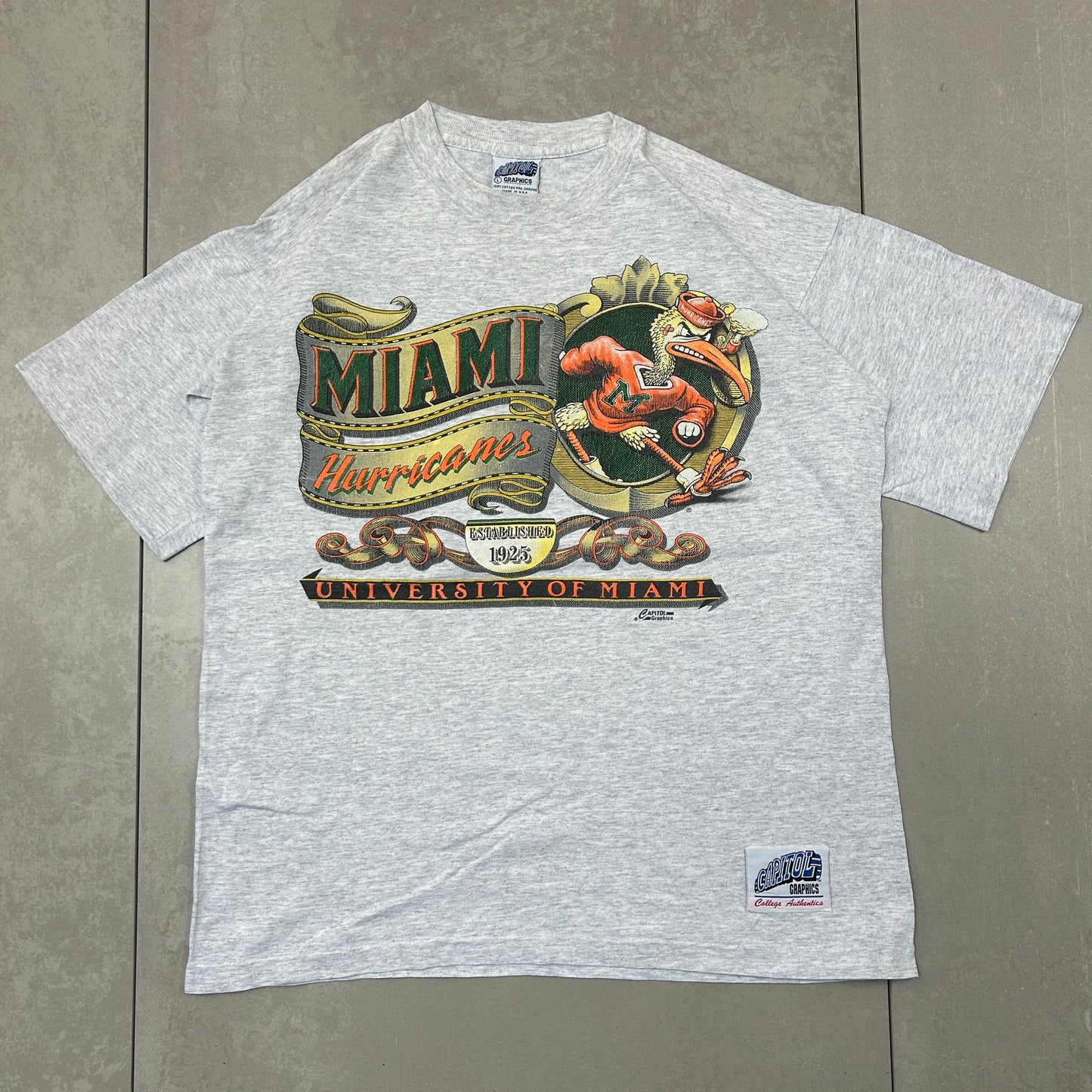 Vintage 90s Miami Hurricanes NFL Single Stitch Graphic Grey T-Shirt - L