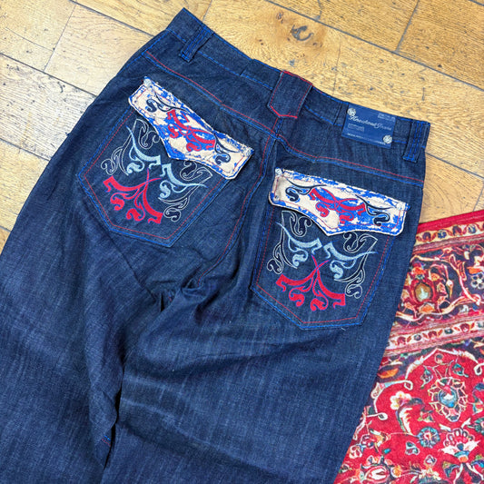 Vintage Blue Embroidered Y2K Hip Hop Baggy Jeans - 36