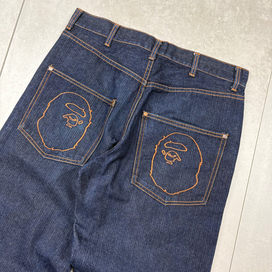 Vintage Bape Bathing Ape Embroidered Blue Baggy Jeans - 33