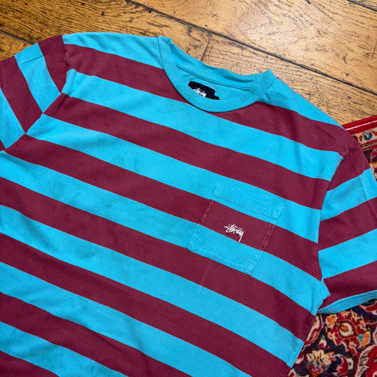 Vintage Stussy Blue Red Stripe Embroidered T-Shirt - L