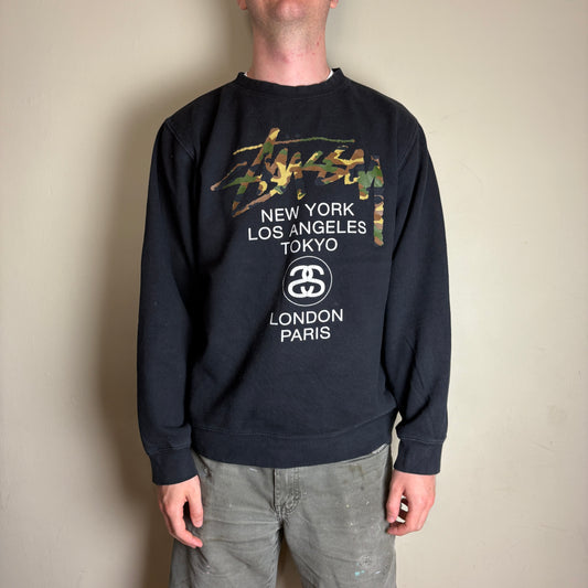Vintage Stussy Black Camo Spellout Streetwear Sweatshirt - XL
