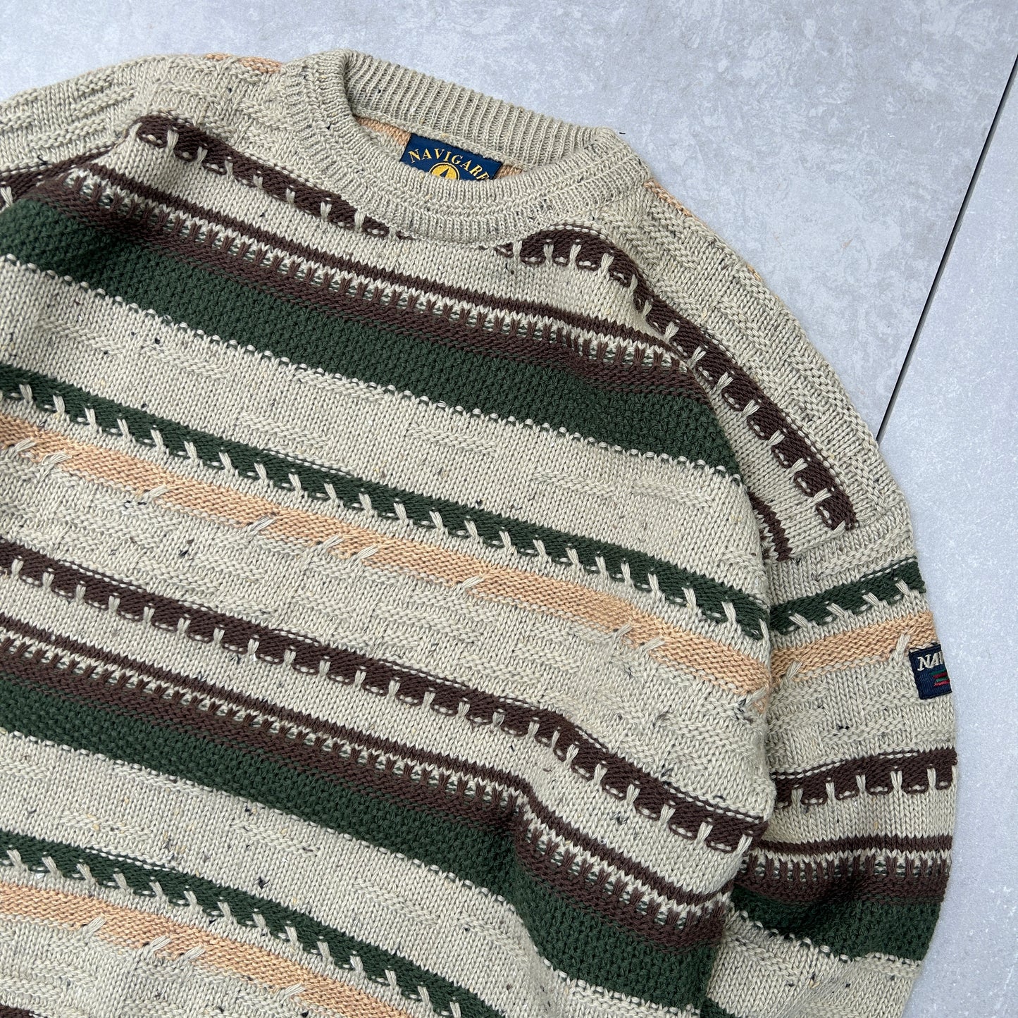Vintage Chunky Cable Knit Italian Pattern Stripe Brown Jumper - M