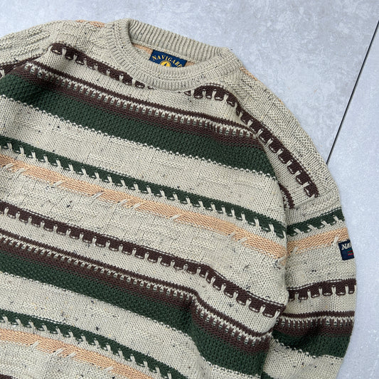 Vintage Chunky Cable Knit Italian Pattern Stripe Brown Jumper - M