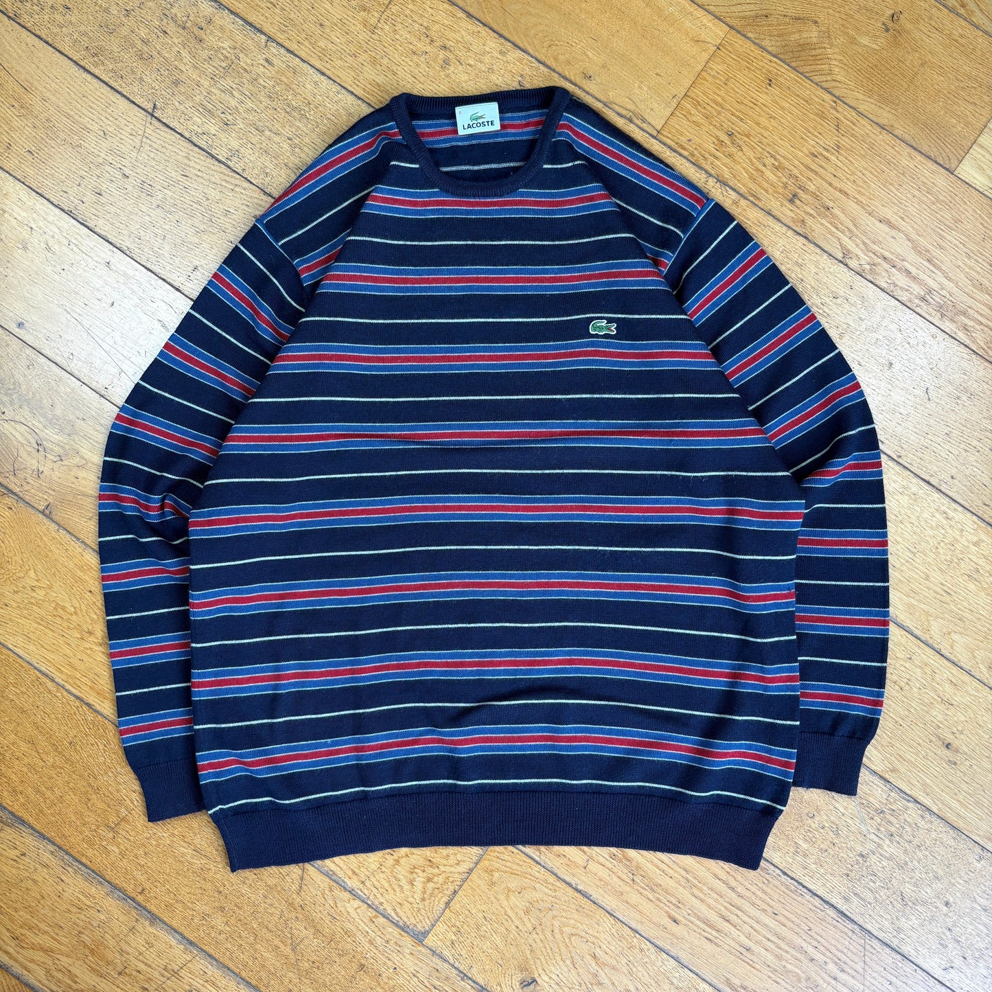Vintage Lacoste Stripe Navy Red Wool Knit Jumper - L