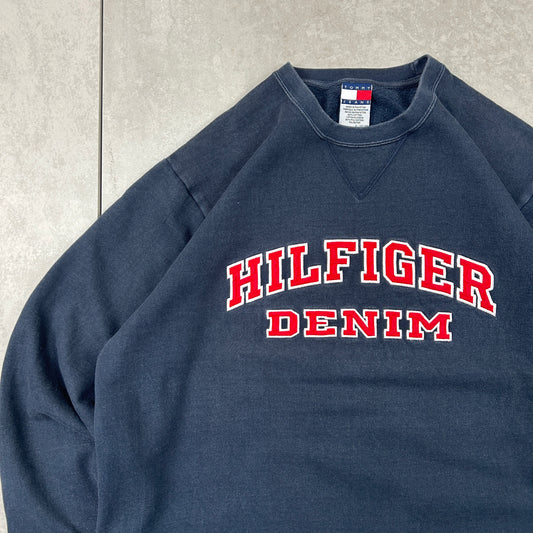 Vintage 00s Tommy Hilfiger Denim Spellout Navy Embroidered Sweatshirt - XL