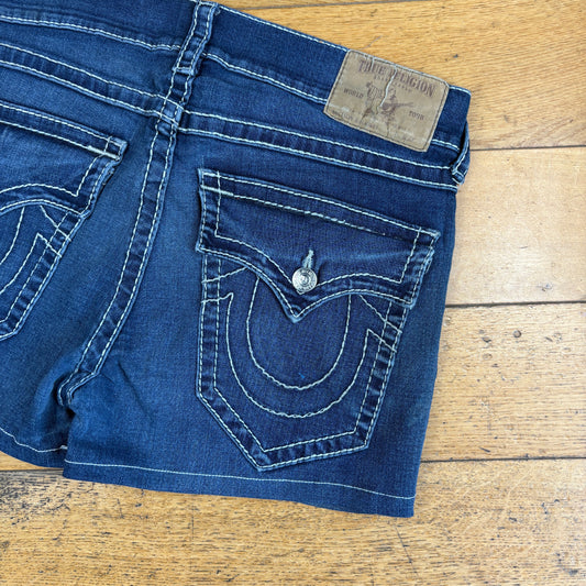 Vintage True Religion Blue Womens Mini Embroidered Y2K Shorts Jorts - Size 16